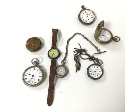 A collection of pocket watches including two Edwardian pocket watches on silver albert chains, a Medina, an H.Samuel of Manch