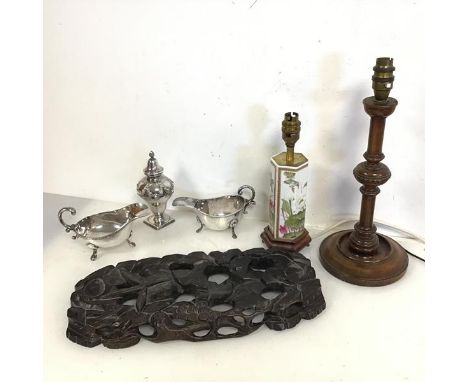 A mixed lot including two Epns sauceboats, a large pepperette, a carved wooden Chinese stand, a ceramic table lamp and a 1930