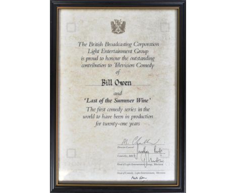 From The Estate Of Bill Owen (1914-1999) - Last Of The Summer Wine - framed certificate issued to Bill from the BBC 'The Brit