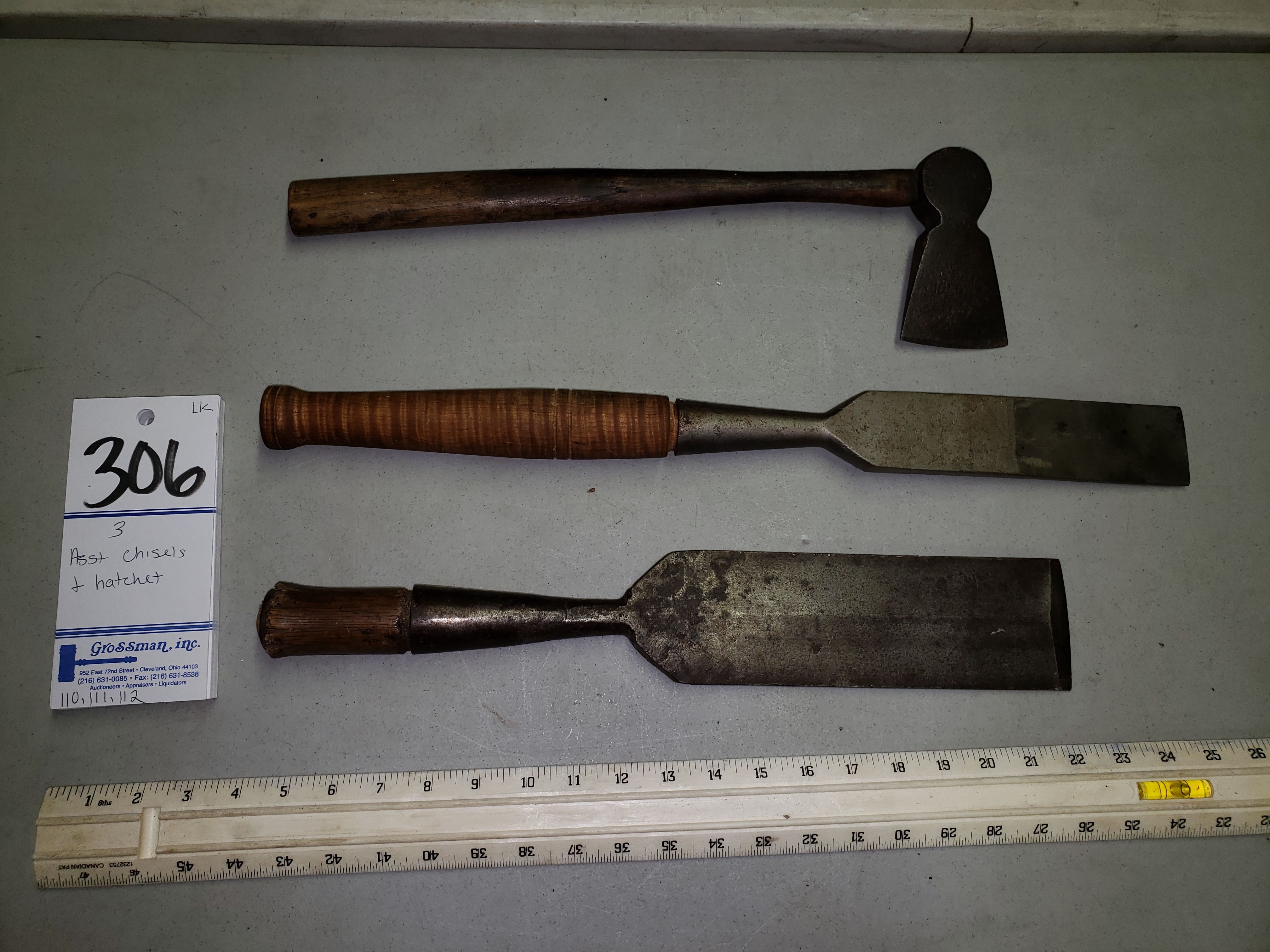 3 ASSORTED CHISELS AND HATCHET