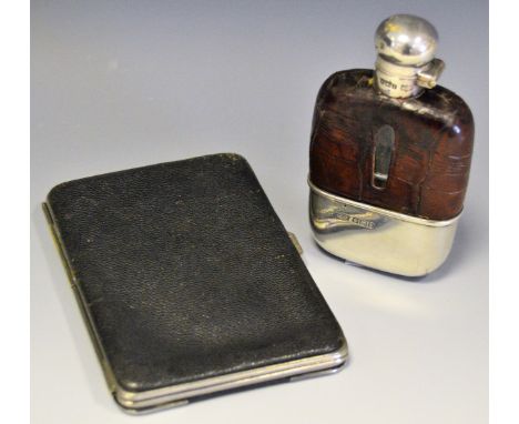 A silver mounted crocodile leather hip flask by Mappin and Webb, Sheffield 1915, 11cm x 6.5cm; a silver mounted leather walle