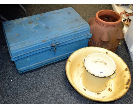 An enamel flour bin; an enamel basin; a tin trunk; a terracotta chimney pot (4)