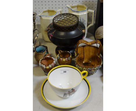 Ceramics - a Royal Worcester outsized teacup and saucer decorated with huntsman astride; two Ruby Crinoline Lady jugs; a vase