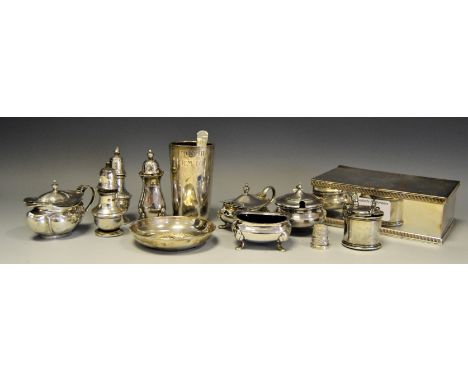 Silver and Plate - Carl Weishaupt beaker marked 800, engraved; silver cruet set; continental silver trinket dish marked 830; 