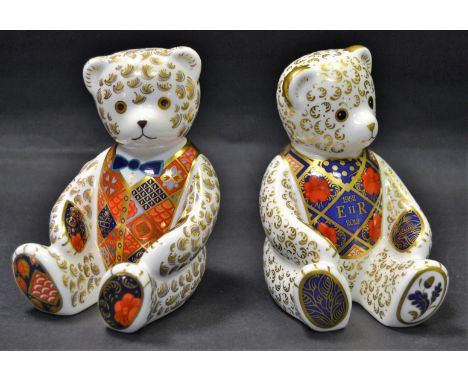 A Royal Crown Derby  paperweight, Blue Bow Tie teddy, printed mark, god stopper; 2002 Jubilee bear;  printed mark gold stoppe