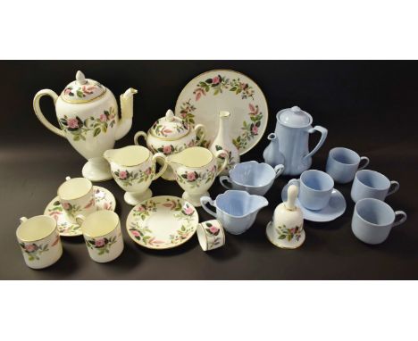 A Johnson Brothers Blue Cloud coffee service, coffee pot, sugar, cream jug, cups and saucers; a Wedgwood Hathaway Rose coffee