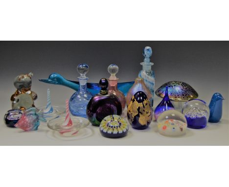 Decorative glass - a  millefiori paperweight, another; a Caithness Moondrop paper weight; a pair of glass ring holders; a mus