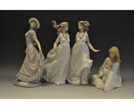 A Lladro group, flower girls (purchased 1996 from Disney World $795); a Nao figure, mother and child etc (3)