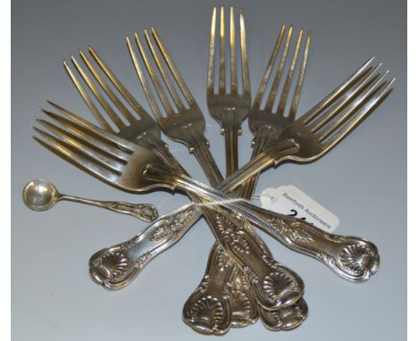 Six Victorian Kings pattern forks by Chawner & Co, London, 1846, 612g; a silver coloured  mustard spoon made by Henry, Edward
