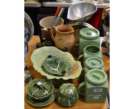 Kitchenalia - an early/mid 20th century set of Salter scales; Le Creuset fondue set; large Melba salad bowl; cabbage ware; et