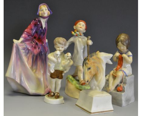 A Royal Worcester figure Sunday's child; others Thursday's child, boy with puppies, Phlegan; a Royal Doulton figure Sweet Ann