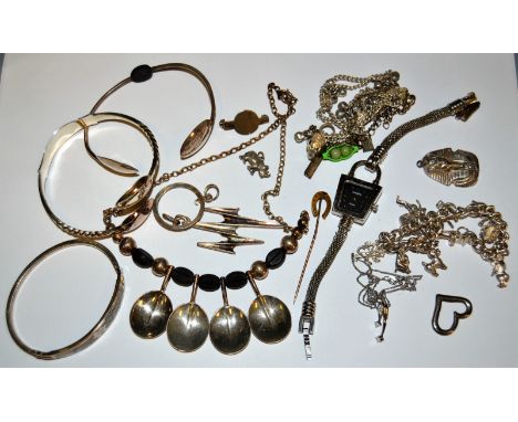 Gold and Silver - spoon necklace; silver and abalone bangle; charms; a 15ct gold stick pin; etc