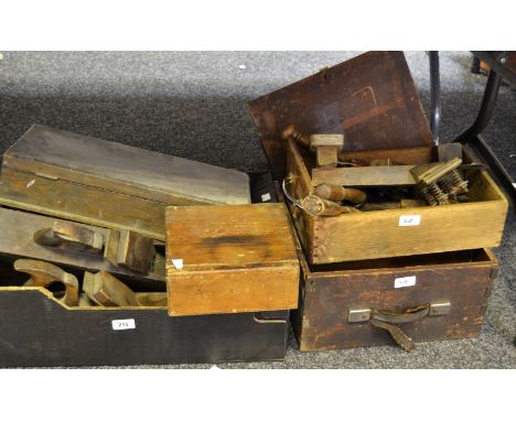 Tools - a stained pine box containing engineering devises, various 19th Century hand held tools including saw; V blocks; etc