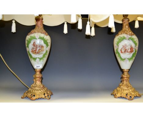 Lighting - a near pair of 19th Century opaque glass baluster vases (later converted) decorative gilt mounts