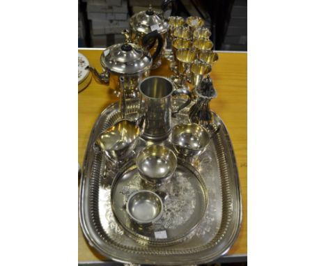 Metalware - silver plated tea service; EPNS tray; sugar sifter; pewter tankard etc.