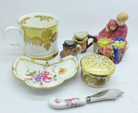 A Royal Doulton Miniature Street Vendors figure, Royal Crown Derby pin tray and knife, two miniature character jugs and a Buc