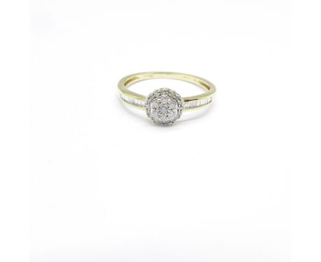 A 9ct gold diamond cluster ring with diamond shoulders, 2g, S