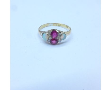 An 18ct gold, old cut diamond, opal and ruby ring, 1.8g, O