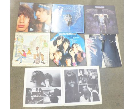 LP records; three Rolling Stones, Black &amp; Blue, Sticky Fingers and Through The Past, Darkly, Bob Dylan, Howlin' Wolf and 