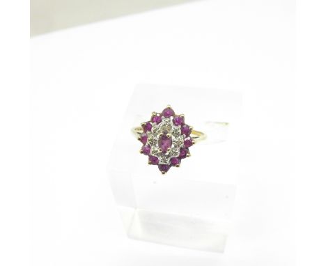 A 9ct gold, red stone and diamond cluster ring, 2.4g, M