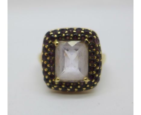 A yellow metal and pink stone ring, 4.2g, K