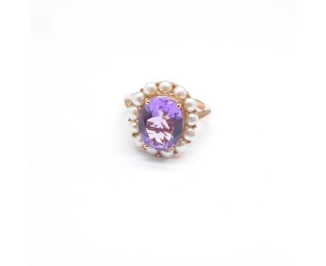A silver gilt, amethyst and freshwater pearl cluster ring, O