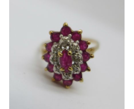 A 9ct gold, ruby and diamond ring, 2.2g, J