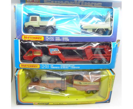 Two Matchbox Superkings and one Corgi die-cast vehicle, K-32 Farm Unimog, K-10 Car Transporter and Pony Club, all boxed