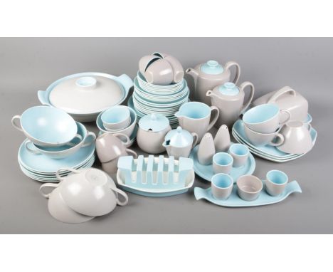 A quantity of Poole pottery breakfast and tea/coffee sets, in vintage pale blue twin-tone, including plates, coffee cups, but