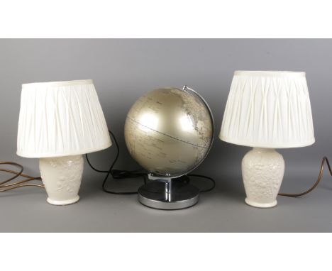 Three lamps, including one morden globe lamp and two Royal Creamware ceramic base lamps.  Height: globe lamp 32cm, creamware 