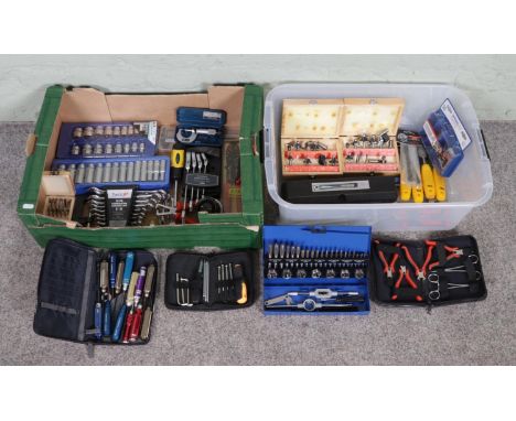 Two boxes of assorted tools, many unused. To include socket sets, ProTec screwdrivers, DZT torque wrench, tap and dye set, Mo