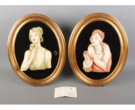 A pair of vintage Capodimote style wall plaques, handcrafed and painted by Vittorio Tessaro, signed at the base of the figuri