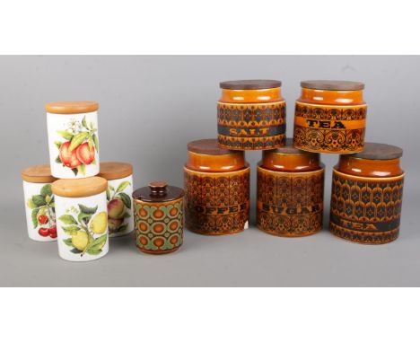 A collection of Hornsea and Portmeirion ceramic storage jars.  Chip to the base of the coffee example.