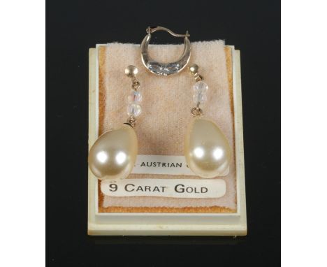 A boxed vintage 9ct gold pearl drop earrings with real Austrian crystal and a 9ct gold single hoop earring.