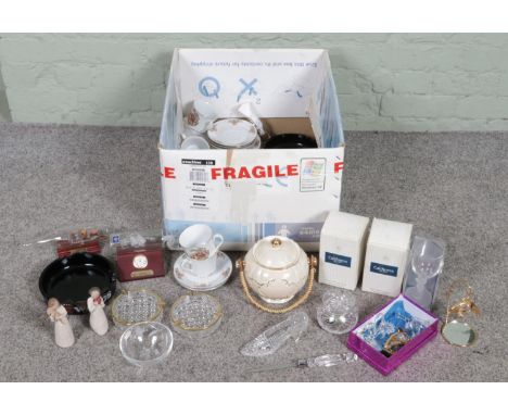 A box of mixed collectables including ceramic tea set including plates, cups and saucers marks made in China, glass ash trays