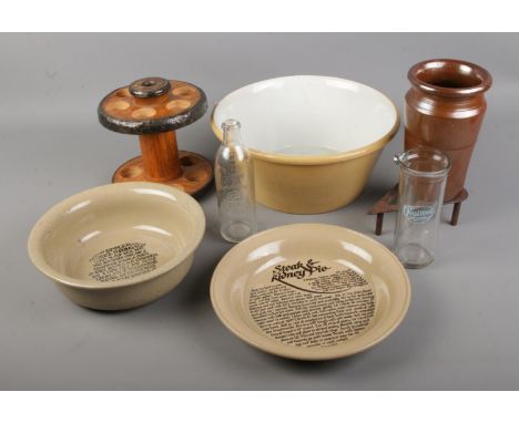 A mixed lot of Kitchenalia to include Moira Stoneware bowl, egg tray stand with integral egg timer, Cow &amp; Cate feeding bo