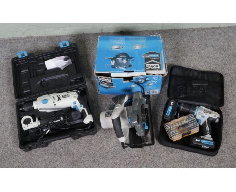 A collection of Mac Allister tools to include boxed circular saw model MSCS1200, 750W impact drill and MSCD18 electric drill.