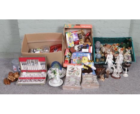 Three boxes of miscellaneous, including figurines, toys and games, crystals and glassware, flatware, a Thermos flask, decorat