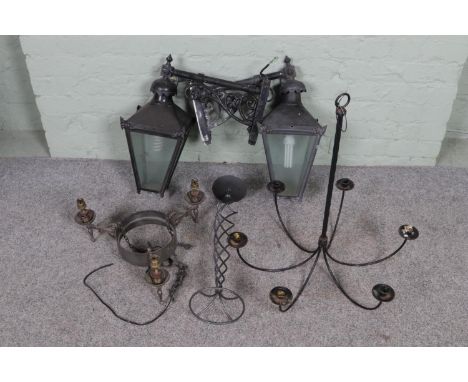Two cast metal garden/outdoor lanterns with a selection of other lighting