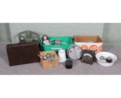 Two boxes of assorted items, to include radio valves vintage enamelware, suitcase, Gallo Regulauto, doll, Universal Avometer 