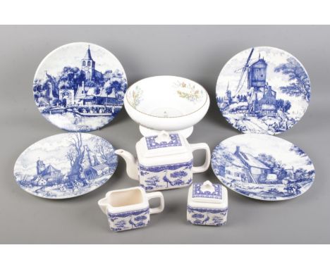 A small collection of vintage ceramics, including Huge Delftware "The Four Seasons" plates made by Chemkefa in 1970s Holland,