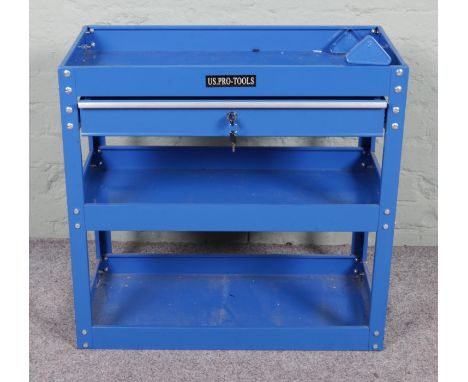 A US Pro Tools three tier blue metal tool cart with single locking drawer. Approx. dimensions 70cm x 35.5cm x 68cm.  Missing 