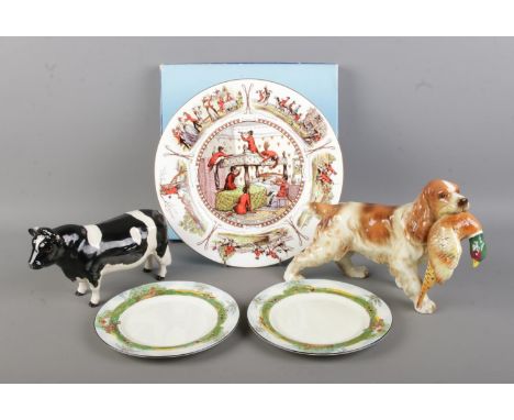 A collection of animal themed ceramics to include Beswick CH Coddington Hilt Bar bull, dog with pheasant in mouth, Adderley W