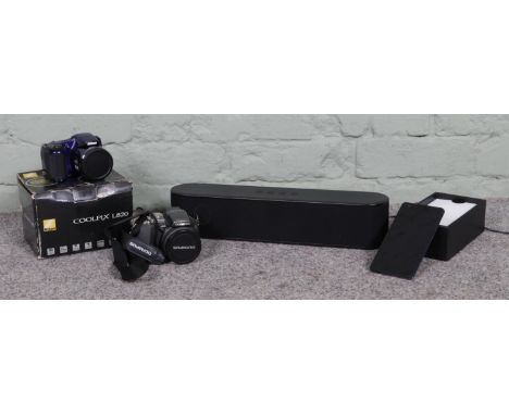 A boxed Nikon Coolpix L820 digital camera, Olympus SP-550UZ digital camera in bag, together with a Nokia 2.1 smartphone and P
