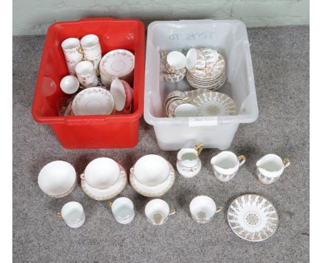 Two boxes of assorted gilt decorated tea wares to include Royal Doulton Gold Lace, Royal Worcester bowl, Luborn etc.
