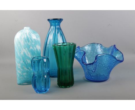 A collection of mid century art glass including Rosice blue glass vase by Jan Schmid with other similar vases and an art glas
