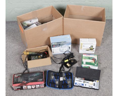 A collection of assorted tools and accessories to include Parkside Jigsaw, Clarke Weld 5 in 1 kit, soldering iron, Proxxon Mi
