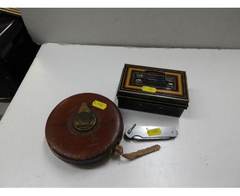 Vintage Tape Measure, Money Box and Penknife 
