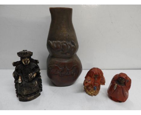 Oriental Figures, Hand Carved Wooden Figures and Vase 