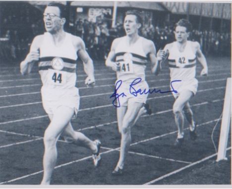 Four Minute Mile signed 10 x 8 inch picture of Roger Bannister, during the first sub-four minute mile race. Excellent. 